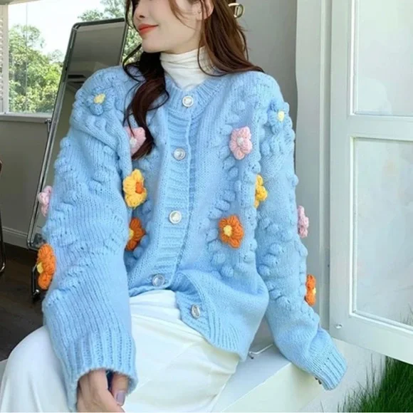 NWT Retail $98 Kawaii Floral Knit Spring Crochet Cardigan Sweater - Picture 1 of 1